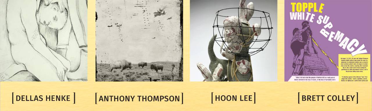 yellow background with 4 sample images of artist work with names below